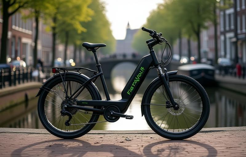 Zwarte FietsVolt Urban+ e-bike geparkeerd langs de gracht