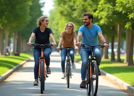 Klanten testen e-bikes buiten de winkel