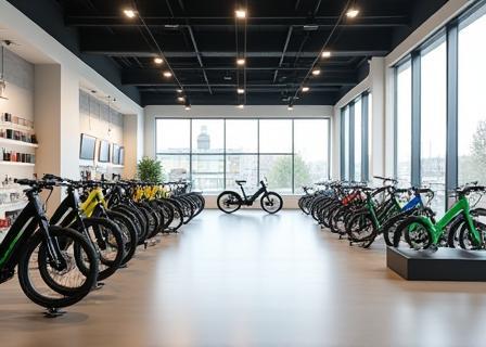 Uitgestalde e-bikes in de winkel